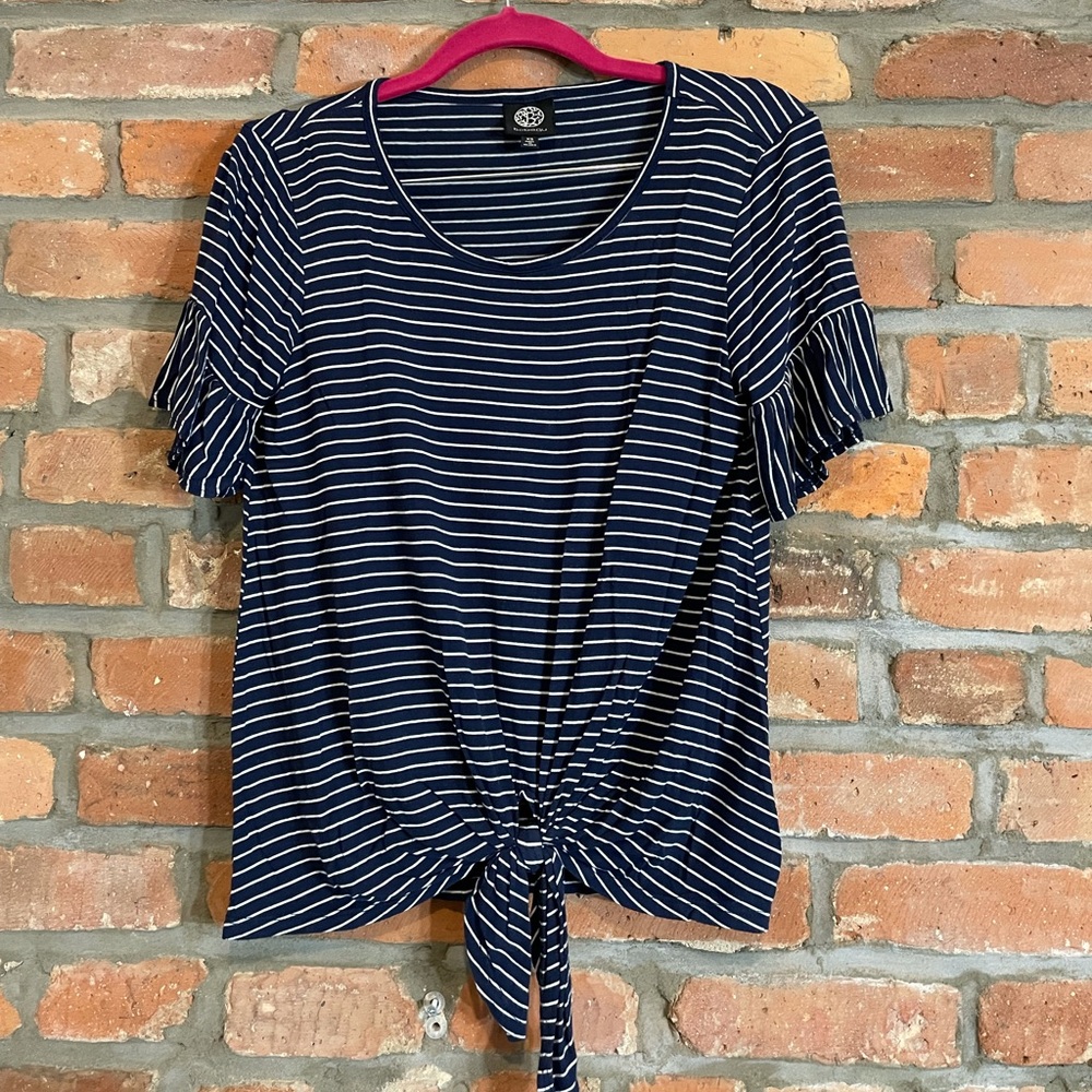 Bobeau Striped Short Sleeve Top with Tie Front Size XS Fits Like Small